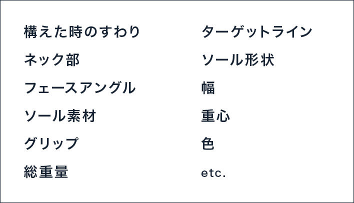 構えた時のすわり、ネック部、フェースアングル、ソール素材、グリップ、総重量、ターゲットライン、ソール形状、幅、重心、色、etc