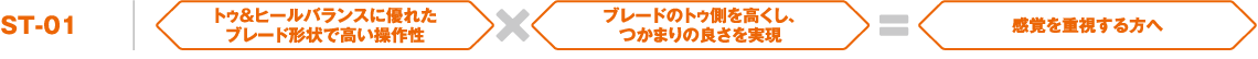 ST-01トゥ&ヒールバランスに優れたブレード形状で高い操作性×ブレードのトゥ側を高くし、つかまりの良さを実現＝感覚を重視する方へ